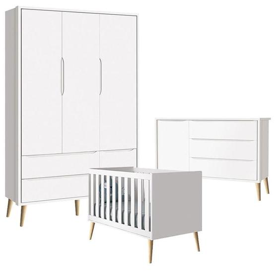 Quarto de Bebê Theo 3 Portas com Cômoda Branco Acetinado Pés Madeira Natural - Reller Menor preço em Quarto de Bebê Theo 3 Portas com Cômoda Branco Acetinado Pés Madeira Natural - Reller