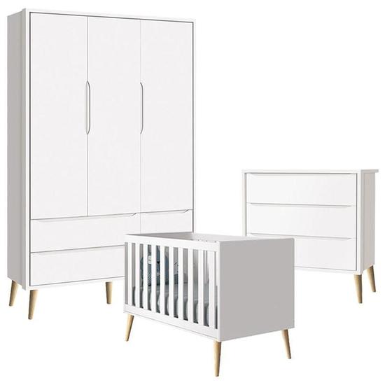 Quarto de Bebê Theo 3 Portas com Cômoda Gaveteiro Branco Acetinado Pés Madeira Natural - Reller Menor preço em Quarto de Bebê Theo 3 Portas com Cômoda Gaveteiro Branco Acetinado Pés Madeira Natural - Reller