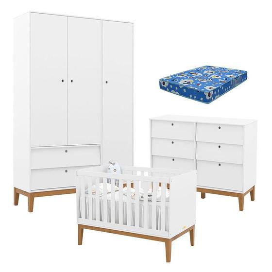 Imagem de Quarto de Bebe Unique 3 Portas com Cômoda 6 Gavetas Branco Soft Eco Wood e Colchão Ortobom - Matic