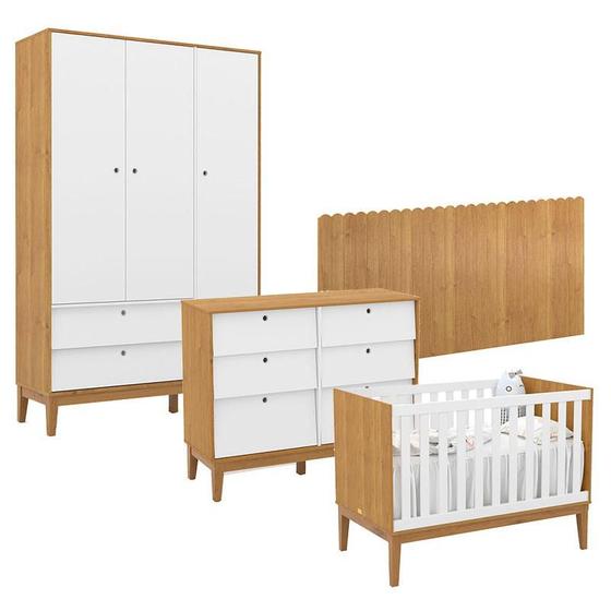 Imagem de Quarto de Bebê Unique 3 Portas com Cômoda 6 Gavetas e Painel Farm Freijó Branco Soft Eco Wood - Matic