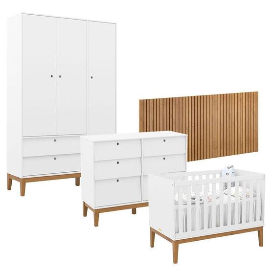 Imagem de Quarto de Bebê Unique 3 Portas com Cômoda 6 Gavetas e Painel Ripado Branco Soft Eco Wood - Matic