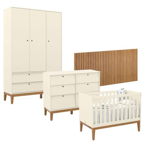 Imagem de Quarto de Bebê Unique 3 Portas com Cômoda 6 Gavetas e Painel Ripado Off White Eco Wood - Matic