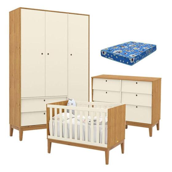 Imagem de Quarto de Bebe Unique 3 Portas com Cômoda 6 Gavetas Freijó Off White Eco Wood e Colchão Ortobom - Matic