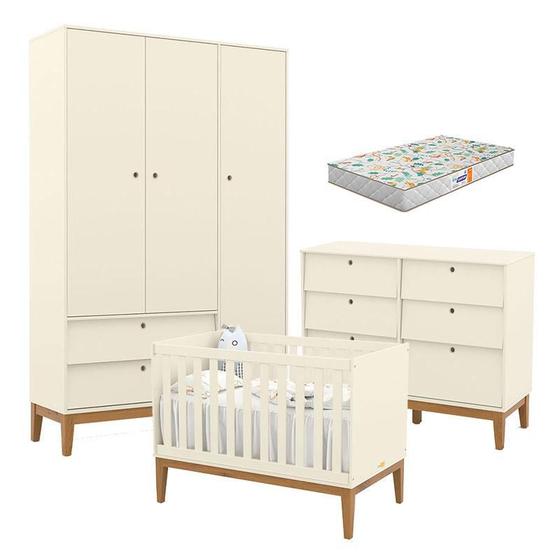 Imagem de Quarto de Bebe Unique 3 Portas com Cômoda 6 Gavetas Off White Eco Wood e Colchão Gazin - Matic