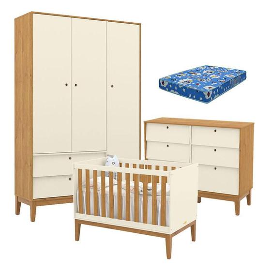 Imagem de Quarto de Bebe Unique 3 Portas com Cômoda 6 Gavetas Off White Freijó Eco Wood e Colchão Ortobom - Matic