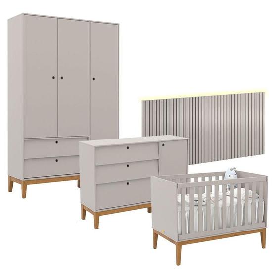 Imagem de Quarto de Bebê Unique 3 Portas com Cômoda Sapateira e Painel Ripado com Led Cinza Eco Wood - Matic