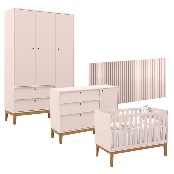 Imagem de Quarto de Bebê Unique 3 Portas com Cômoda Sapateira e Painel Ripado Rose Eco Wood - Matic