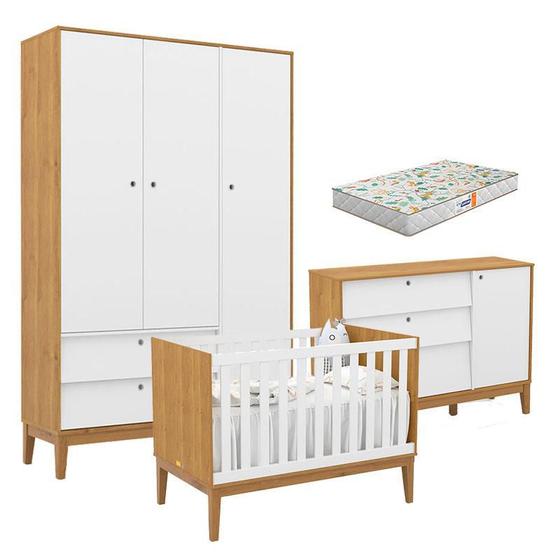 Imagem de Quarto de Bebe Unique 3 Portas com Cômoda Sapateira Freijó Branco Soft Eco Wood e Colchão Gazin - Matic