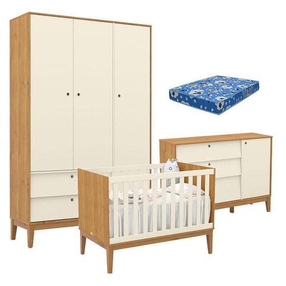 Imagem de Quarto de Bebe Unique 3 Portas com Cômoda Sapateira Freijó Off White Eco Wood e Colchão Ortobom - Matic