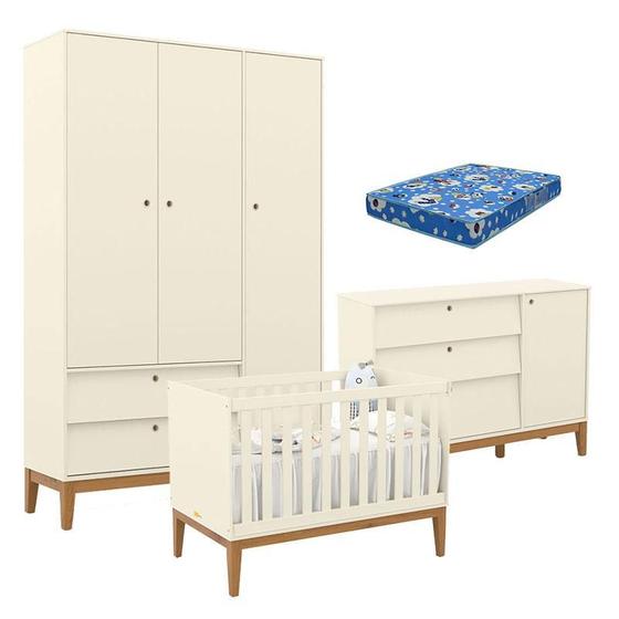 Imagem de Quarto de Bebe Unique 3 Portas com Cômoda Sapateira Off White Eco Wood e Colchão Ortobom - Matic