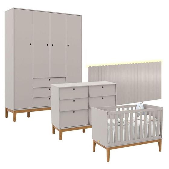 Imagem de Quarto de Bebê Unique 4 Portas com Cômoda 6 Gavetas e Painel Farm com Led Cinza Eco Wood - Matic