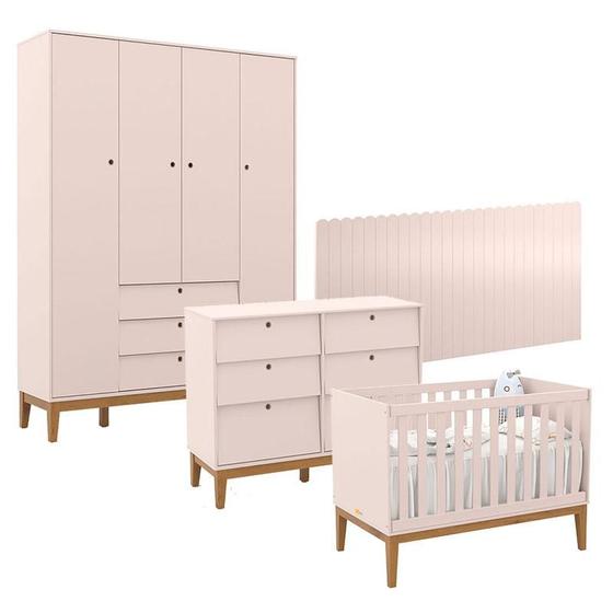 Imagem de Quarto de Bebê Unique 4 Portas com Cômoda 6 Gavetas e Painel Farm Rose Eco Wood - Matic