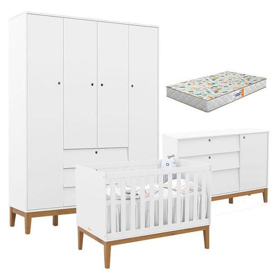 Imagem de Quarto de Bebe Unique 4 Portas com Cômoda Sapateira Branco Soft Eco Wood e Colchão Gazin - Matic