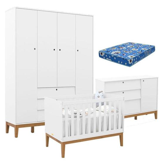 Imagem de Quarto de Bebe Unique 4 Portas com Cômoda Sapateira Branco Soft Eco Wood e Colchão Ortobom - Matic