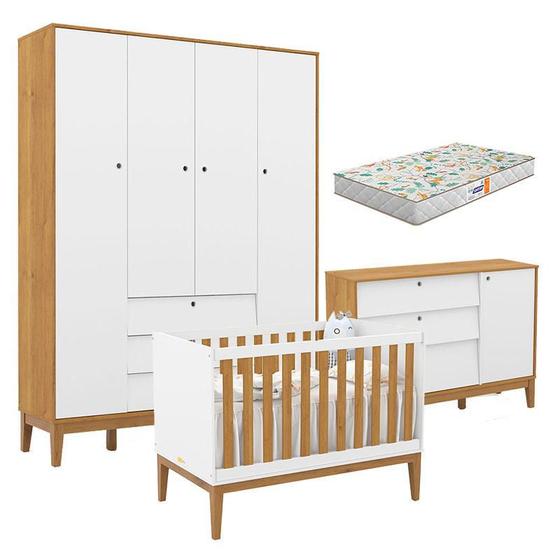 Imagem de Quarto de Bebe Unique 4 Portas com Cômoda Sapateira Branco Soft Freijó Eco Wood e Colchão Gazin - Matic