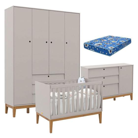 Imagem de Quarto de Bebe Unique 4 Portas com Cômoda Sapateira Cinza Eco Wood e Colchão Ortobom - Matic