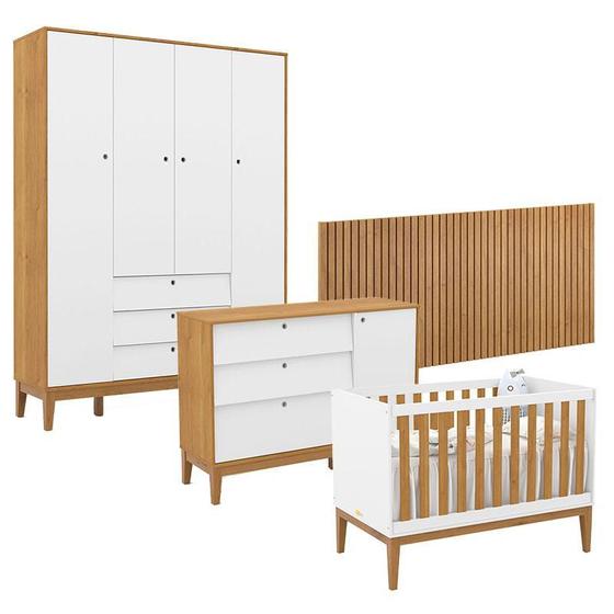 Imagem de Quarto de Bebê Unique 4 Portas com Cômoda Sapateira e Painel Ripado Branco Soft Freijó Eco Wood - Matic