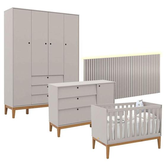 Imagem de Quarto de Bebê Unique 4 Portas com Cômoda Sapateira e Painel Ripado com Led Cinza Eco Wood - Matic