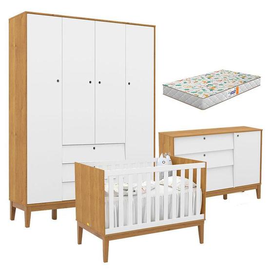 Imagem de Quarto de Bebe Unique 4 Portas com Cômoda Sapateira Freijó Branco Soft Eco Wood e Colchão Gazin - Matic