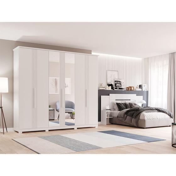 Imagem de Quarto de Casal com Guarda Roupas com Espelho Itaúnas e Cabeceira Extensível Mila Panan Branco