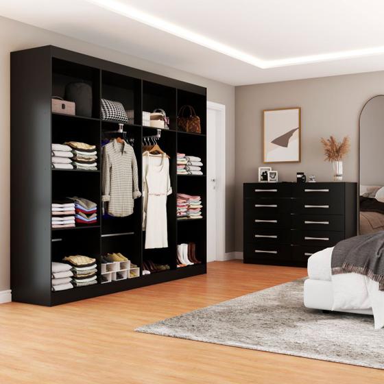 Imagem de Quarto de Casal Ele e Ela Closet 8 Prateleiras Cômoda 10 Gavetas Preto - Panorama Móveis