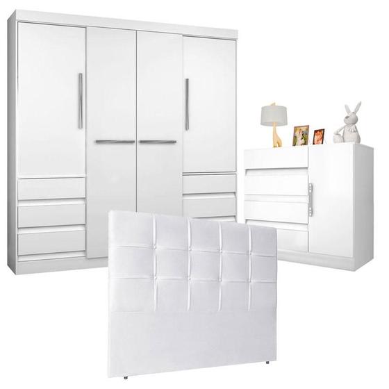 Imagem de Quarto de Casal Guarda Roupa 1477 e Cômoda Exellence 8000  com Cabeceira Luiza 140 cm Branco  Araplac