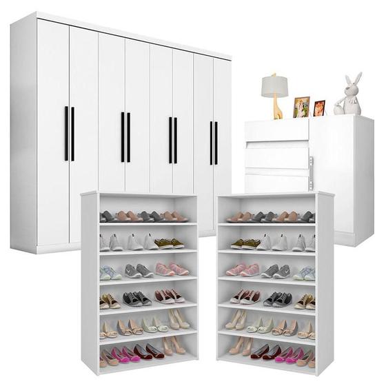 Quarto de Casal Guarda Roupa 1684 e Cômoda Exellence 8000 com 02 Sapateiras Lais Branco Brilho Araplac Menor preço em Quarto de Casal Guarda Roupa 1684 e Cômoda Exellence 8000 com 02 Sapateiras Lais Branco Brilho Araplac