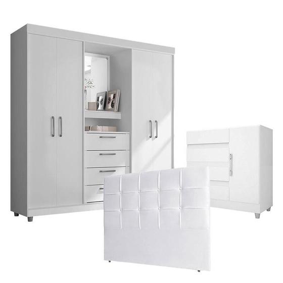 Quarto de Casal Guarda Roupa 2218 Cômoda 8000 e Cabeceira Luiza 160 cm Branco - Araplac Menor preço em Quarto de Casal Guarda Roupa 2218 Cômoda 8000 e Cabeceira Luiza 160 cm Branco - Araplac
