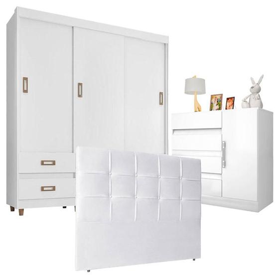 Imagem de Quarto de Casal Guarda Roupa 37020  e Cômoda Exellence 8000 com Cabeceira Luiza 160 cm Branco  Araplac