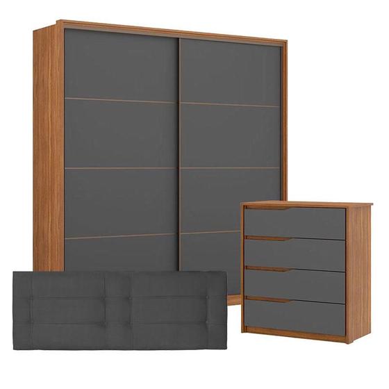 Quarto de Casal Guarda Roupa Belga Cômoda Atria Amêndola Grafito e Cabeceira Bela 140 cm Cinza - Demartêz Menor preço em Quarto de Casal Guarda Roupa Belga Cômoda Atria Amêndola Grafito e Cabeceira Bela 140 cm Cinza - Demartêz
