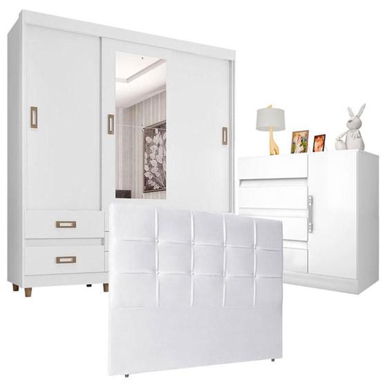 Imagem de Quarto de Casal Guarda Roupa E37020  e Cômoda Exellence 8000 com Cabeceira Luiza140 cm Branco  Araplac