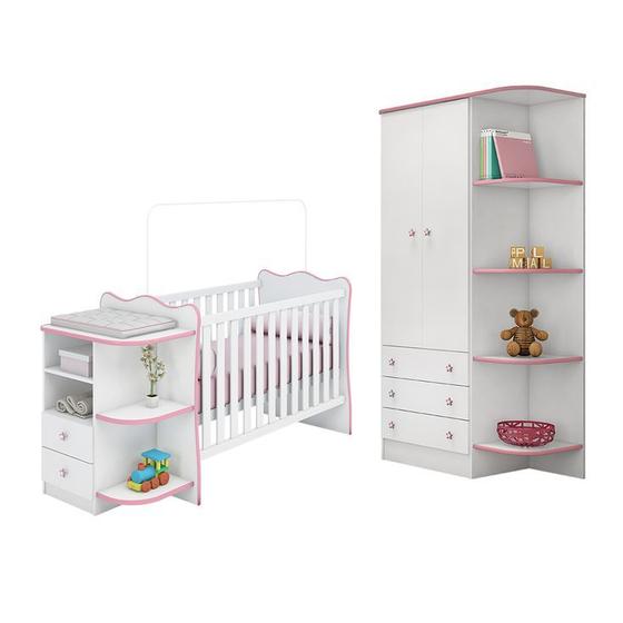 Imagem de Quarto de Infantil Roupeiro E Berço Com Trocador  Doce Sonho  Branco e Rosa - Qmovi