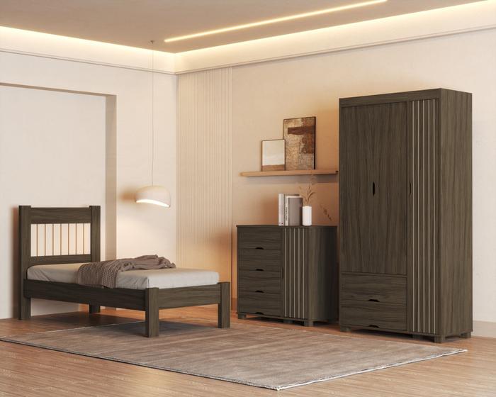 Imagem de Quarto de Solteiro Cama MDF Com Estrado Madeira Comoda 4 Gavetas 1 Porta Com Guarda Roupa 3 Portas C/ 2 Gavetas Bela