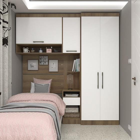Imagem de Quarto de Solteiro com Guarda Roupas Mesa de Cabeceira e Nicho Paris Luciane Móveis