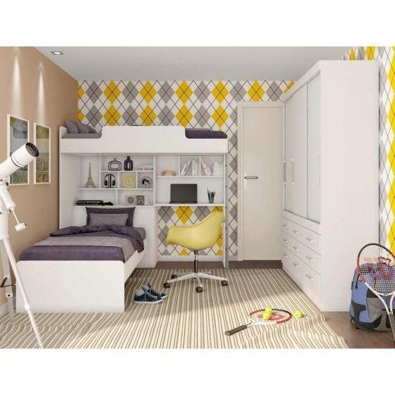 Quarto de Solteiro Completo com Beliche e Guarda-Roupa 3 Portas e 9 ...