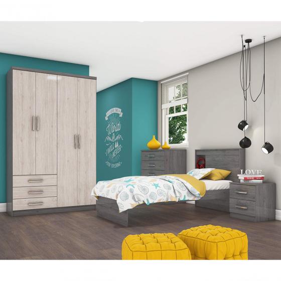 Imagem de Quarto de Solteiro Completo com Cama, Mesa de Cabeceira, Cômoda e Guarda Roupa 4 Portas Caju Gris