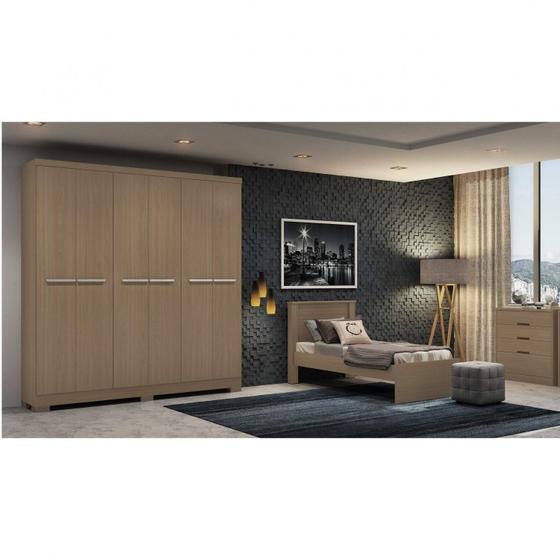 Quarto de Solteiro Completo com Guarda Roupa 6 Portas, Cama e Cômoda 4 Gavetas Kappesberg Nature Menor preço em Quarto de Solteiro Completo com Guarda Roupa 6 Portas, Cama e Cômoda 4 Gavetas Kappesberg Nature