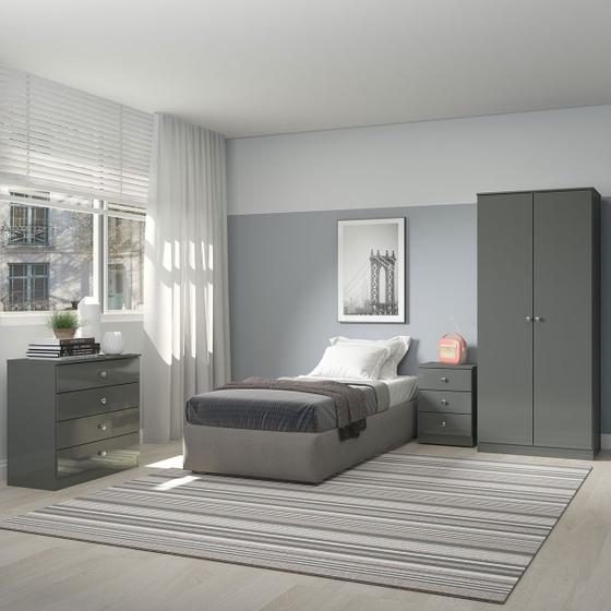 Imagem de Quarto de Solteiro Completo Roupeiro Cômoda Mesa de Cabeceira London Cinza