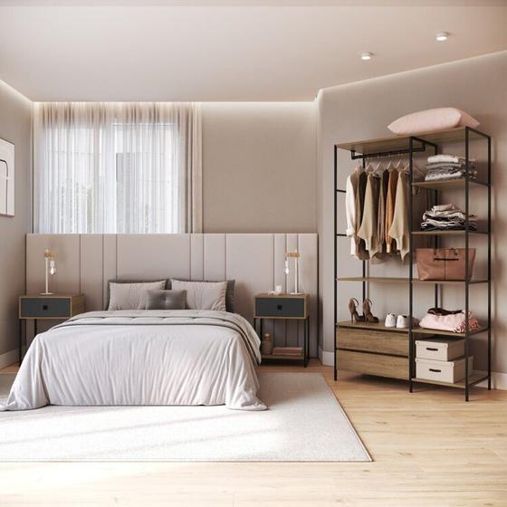 Imagem de Quarto Estilo Industrial com Guarda Roupa Closet de 2 Gavetas e 2 Mesas de Cabeceira com 1 Gaveta