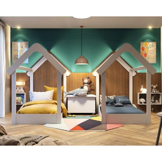 Imagem de Quarto Gêmeos com 3 nichos 2 Minicamas Montessoriana Uli e 1 Bau Elo Noah Móveis Peroba Branco 