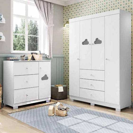Imagem de Quarto Infantil Ane - Roupeiro 4 Portas + 3 Gavetas e Cômoda c/ Porta + 3 Gavetas - Phoenix Baby