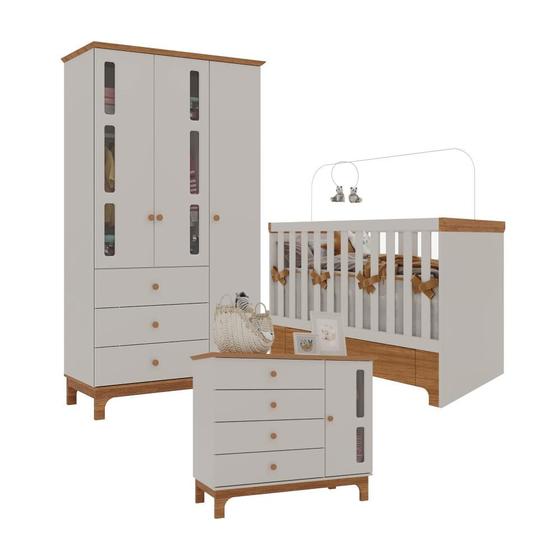 Imagem de Quarto Infantil Antonella Roupeiro 3p Cômoda Berço com Gaveta Off White/Caramelo Móveis Canaã