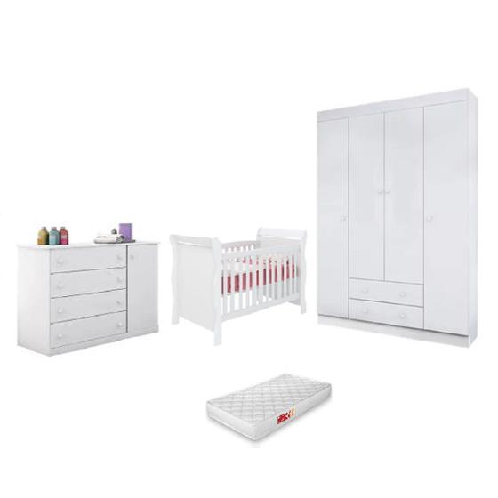 Imagem de Quarto Infantil Branco Berço Americano Colonial c/ Colchão + Guarda Roupa Roupeiro e Cômoda MDF Flat Mel 4 Gv