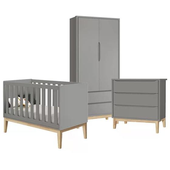 Imagem de Quarto Infantil Classic 2 portas Cinza Fosco com Pés Madeira Natural - Reller Móveis