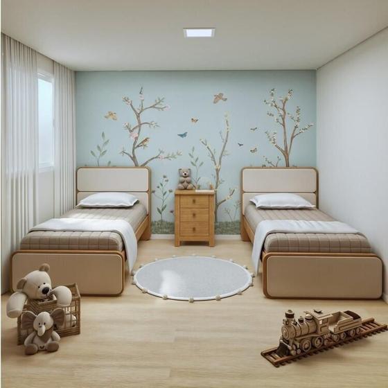 Imagem de Quarto Infantil com 2 Camas de Solteiro Loop e 1 Mesa de Cabeceira Maggiore Amêndoa Clean / Off White