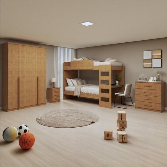 Imagem de Quarto Infantil com Beliche Olga Cômoda e Criado Baião e Guarda-roupa Alonzo