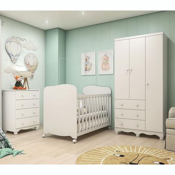 Imagem de Quarto Infantil com Berço Americano Guarda Roupa 3 Portas 3 Gavetas Cômoda 4 Gavetas Móveis Peroba Branco