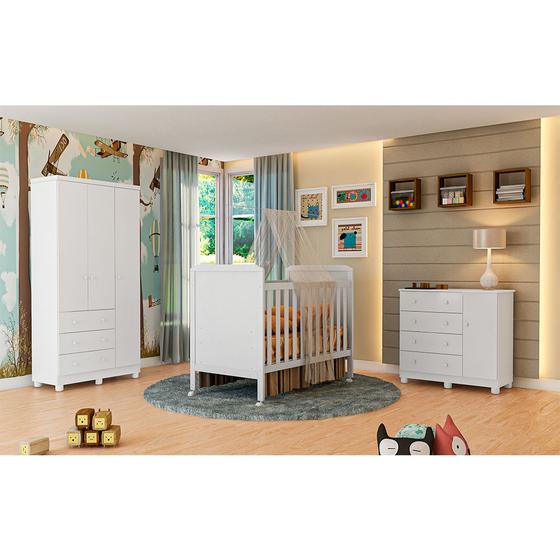 Imagem de Quarto Infantil com Berço Mini Cama Cloe, Guarda Roupa 3 Portas e Cômoda Junior Móveis Peroba Branco 