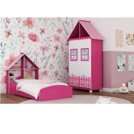 Imagem de Quarto Infantil com Cama e Guarda Roupa Casinha Gelius Móveis Pink Ploc/Branco