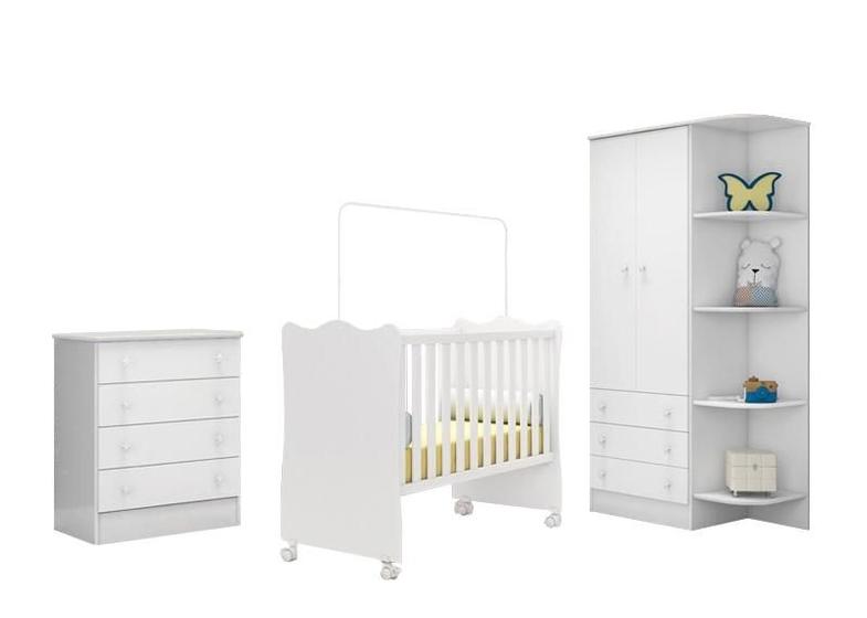 Imagem de Quarto Infantil com Guarda Roupa 2 Portas 3 Gavetas com Cantoneira, Berço e Cômoda Meu Soninho Branco - FdECOR